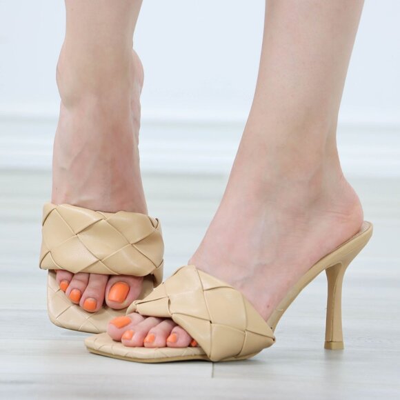 Beige Woven Strap Square Open Toe Slip On Sandals Mules Stiletto's - Picture 2 of 11